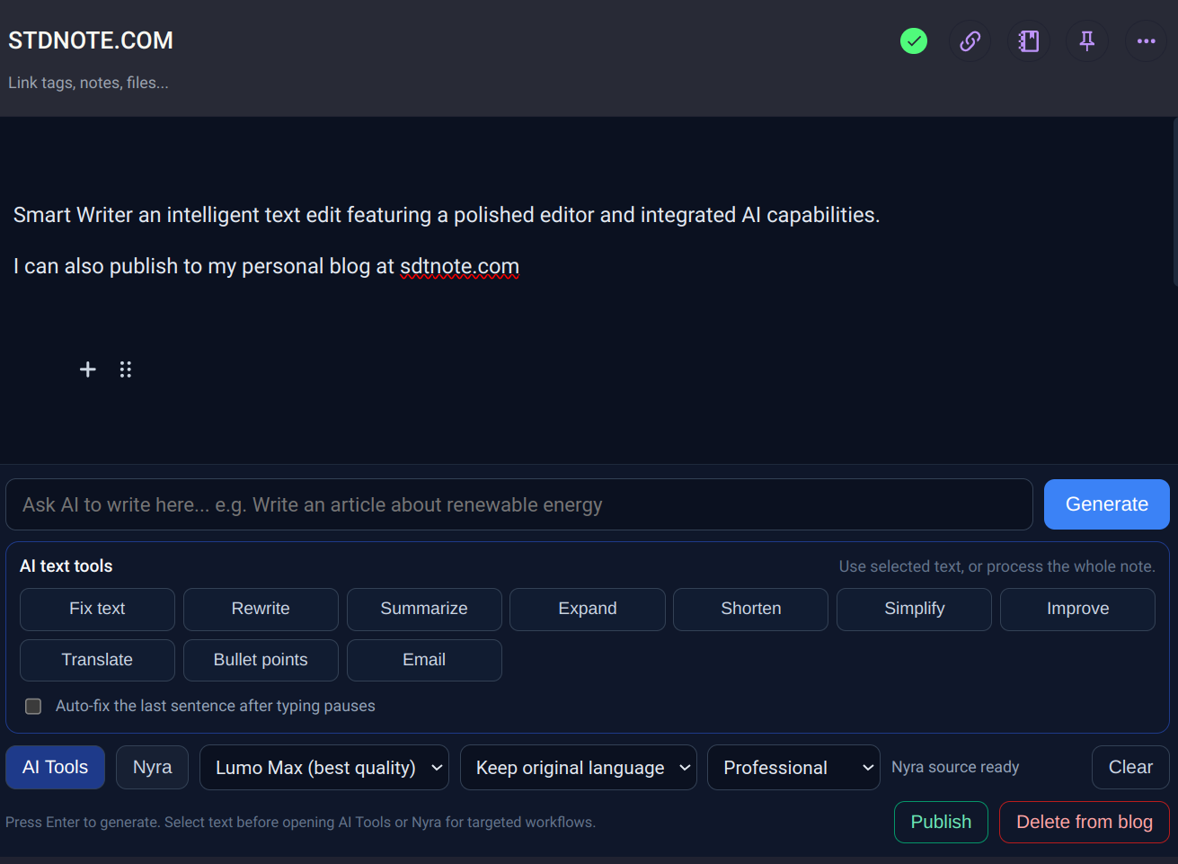 Smart Writer AI tools panel inside Standard Notes editor